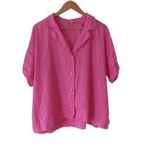 LOFT Beach Hot Pink Linen Shirt XXL Button Down Short Sleeves Relaxed Breathable